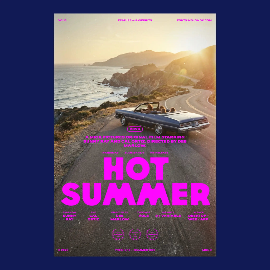 Vole modern geometric sans as a film poster title, Hot Summer, with credits and festival laurels