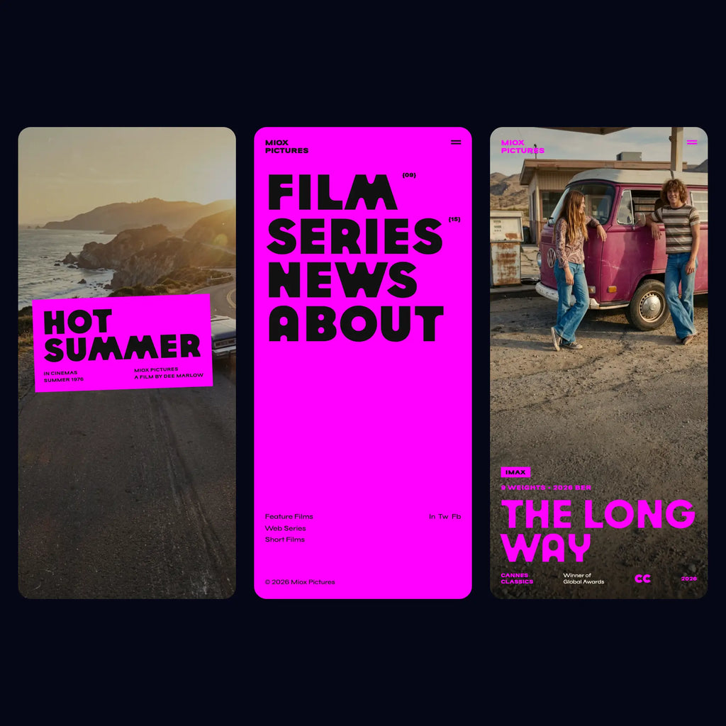 Vole modern geometric sans on a film studio's mobile website: title slab, menu and hero still