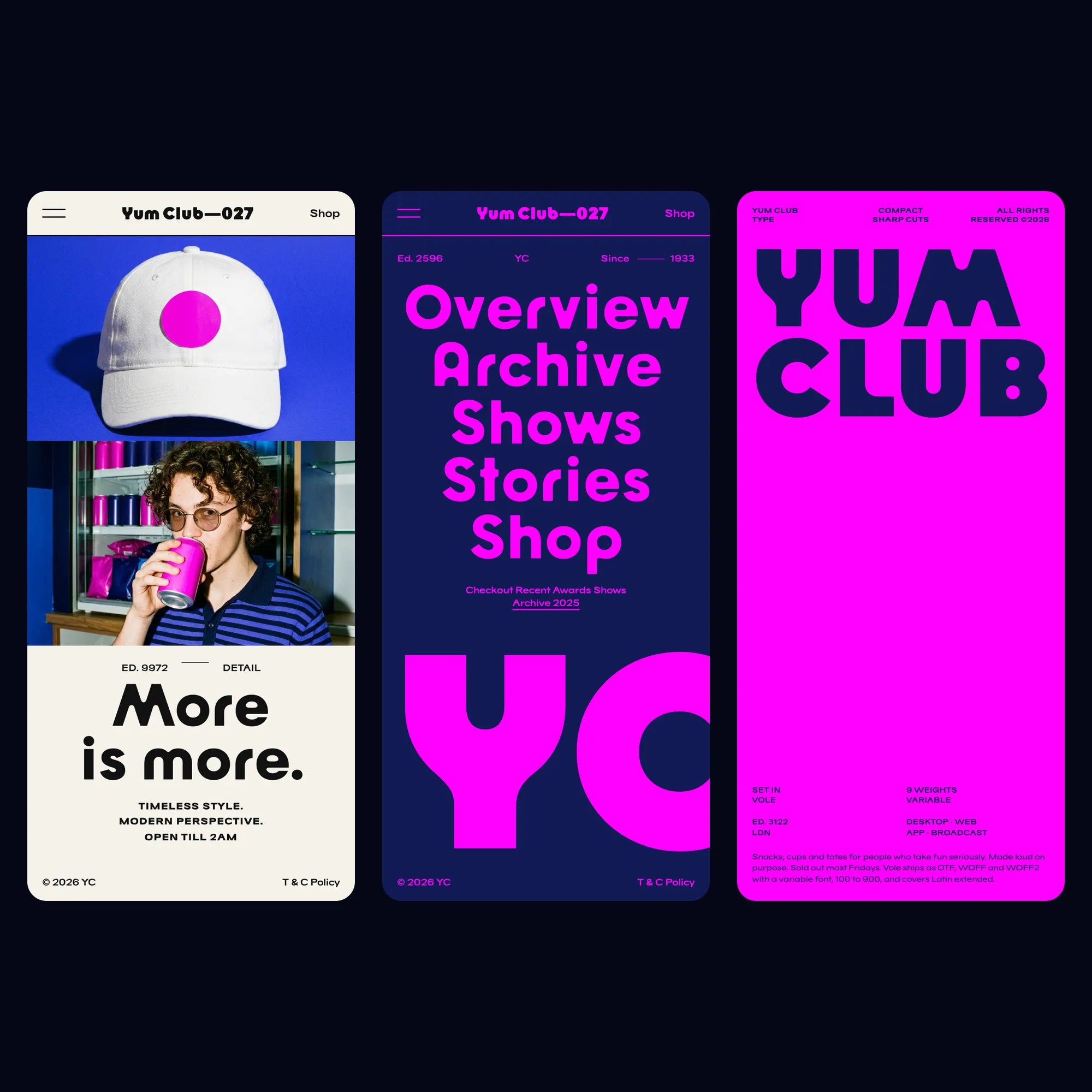 Vole modern geometric sans on a snack brand's mobile website: shop, nav list and type specimen screens