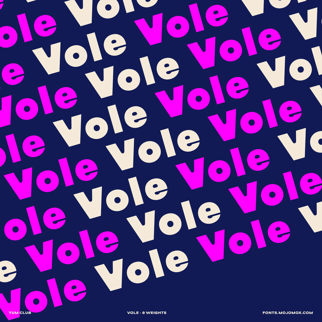 Vole modern geometric sans repeated as a diagonal pattern in magenta and cream on navy
