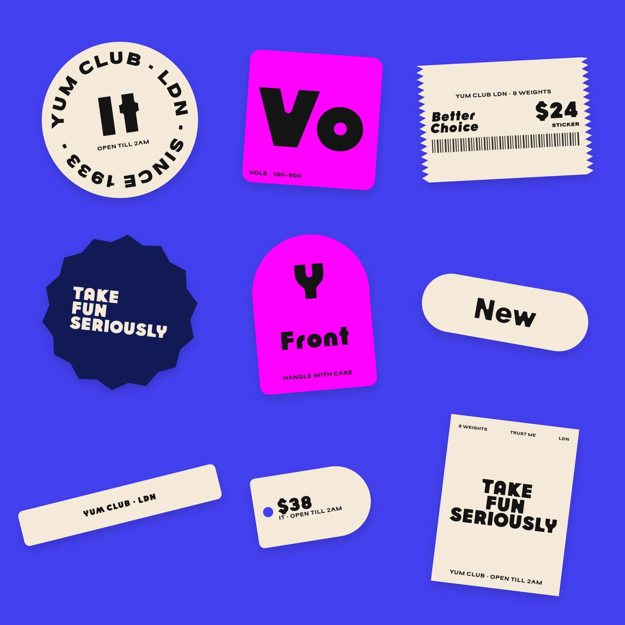 Vole modern geometric sans on a sheet of die-cut stickers: badge, seal, receipt label, pill, tag