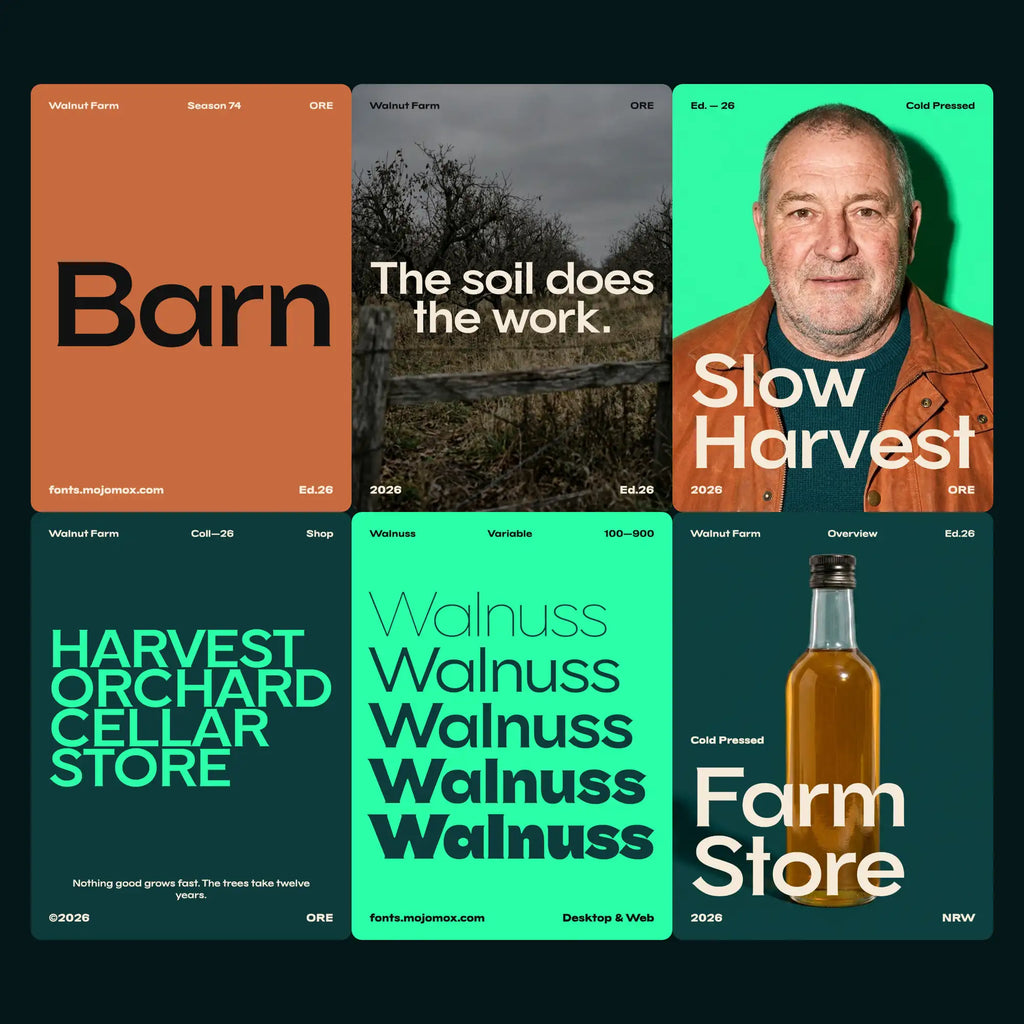 Walnuss extended serif family in a brand campaign: names, headlines, weights 300 to 900 and a type specimen