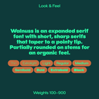 Walnuss expanded serif font description and weights