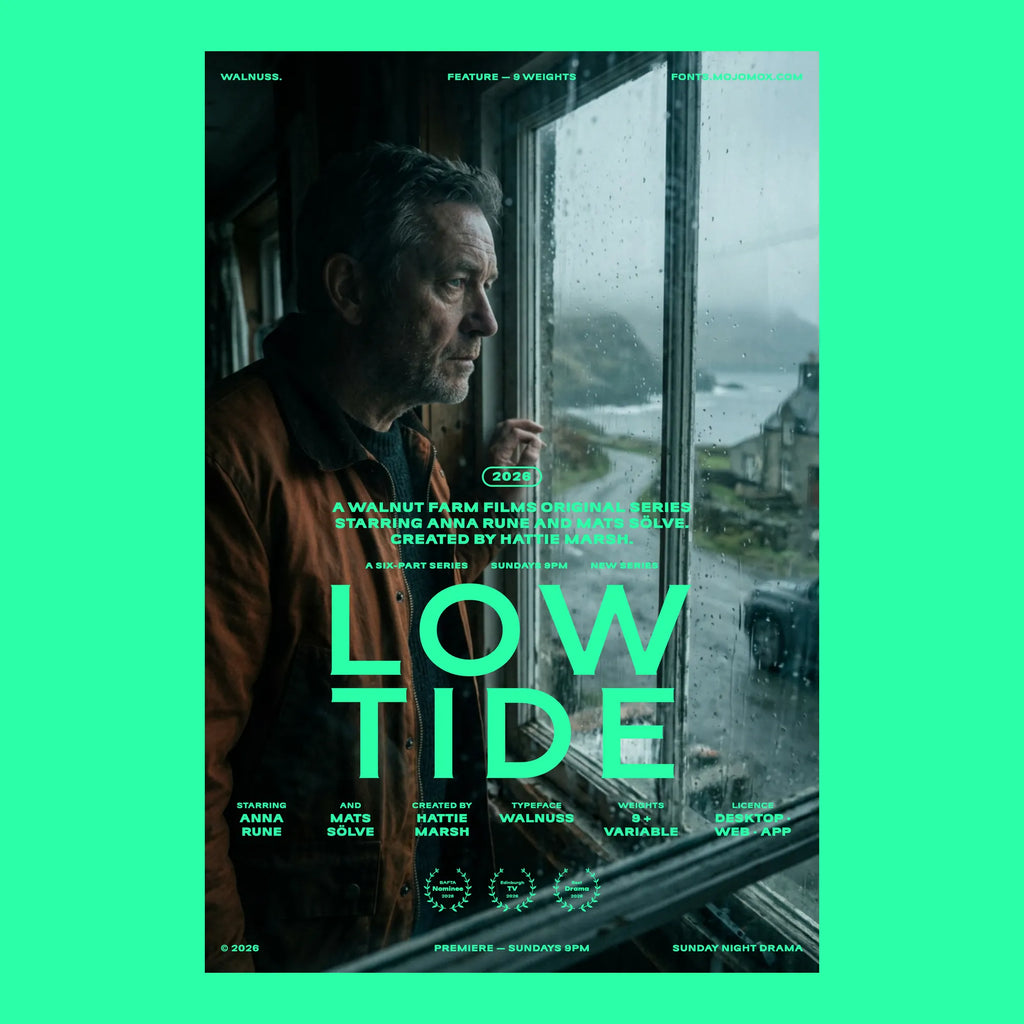 Walnuss expanded serif font as a TV drama poster title, Low Tide, with credits and festival laurels