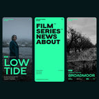 Walnuss expanded serif font on a film studio's mobile website: hero, menu and a black and white still