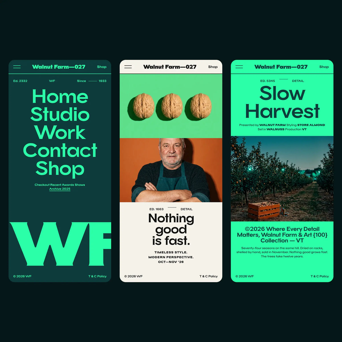 Walnuss expanded serif font on a farm brand's mobile website: nav list with monogram, shop and story screens